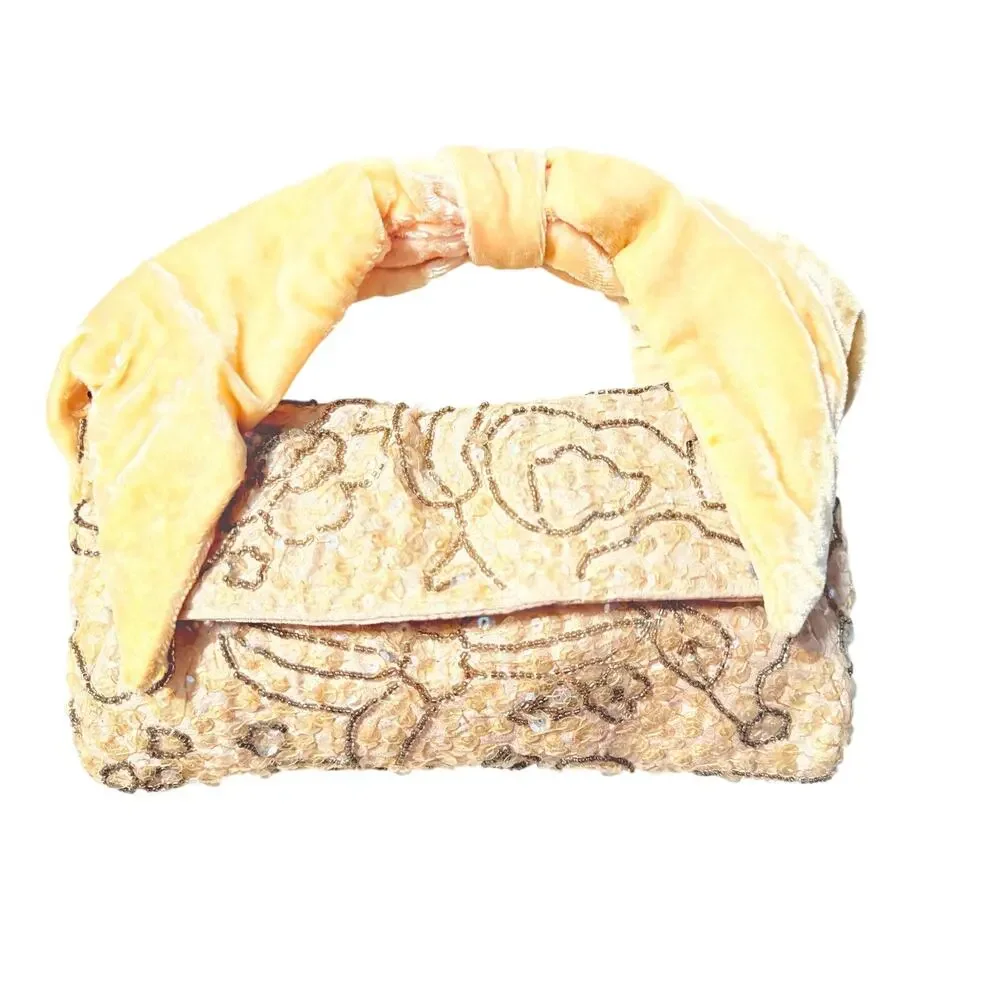 VTG Wayne M. Kleski Hand-Beaded Evening Bag Velvet Bow Handle Clutch w/ Mirror